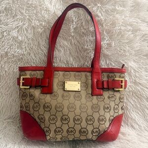 Michael Kors Millbrook Monogram Tan Canvas & Red Leather Tote